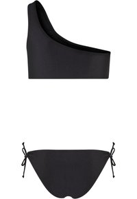 Black bikini set featuring a one-shoulder top and adjustable tie-side bottom. Made of smooth fabric with a solid color design.