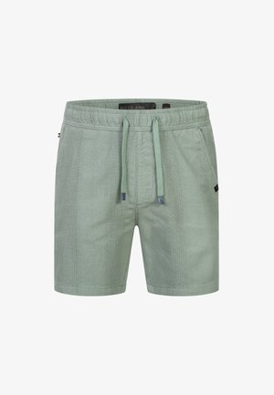 Pantaloni shorts in misto lino verde con design texturizzato, dotati di vita con coulisse e tasche laterali. Stile minimalista con una vestibilità casual.