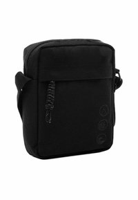 Borsa a tracolla nera in tessuto con chiusura con zip, superficie texturizzata, tracolla regolabile e cordini decorativi frontali. Presenta icone del logo in rilievo.