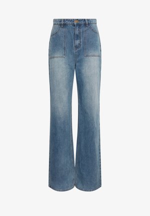 Hellblaue Denim-Jeans mit hoher Taille, weiter Beinform und zwei Fronttaschen. Verfügt über kontrastierende Nähte und einen Frontknopfverschluss.