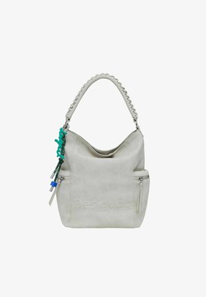 Heled hall nahk käekott, millel on hõlpsasti kinnihoitav punutud käepide, esipaneeli logo detail ja dekoratiivsed roheline ja sinine tõmblukku tõmbajad. Omab külgmist tõmblukuga taskut.