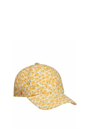 Baseballkappe mit gebogenem Schirm, bedeckt mit einem weißen Stoff mit dichtem Muster aus kleinen gelben Blumen und grünen Blättern.