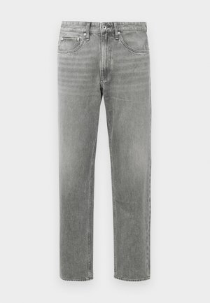 Gray denim jeans with a straight-leg cut, featuring a classic five-pocket design and subtle fading for texture. Standard zipper fly closure.