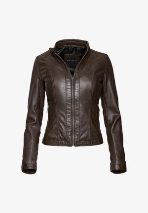 Braune Lederjacke mit hohem Kragen, Frontreißverschluss und Seiten Taschen. Verfügt über steppende Akzente und ein tailliertes Design.