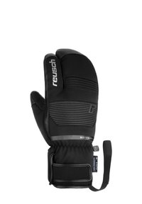 Moufles noires en matériau softshell, dotées d'accents côtelés, d'une sangle pratique et d'un détail de marque au dos.