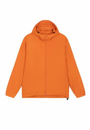 Veste légère orange à capuche avec fermeture éclair avant et poignets élastiques, conçue pour un usage décontracté ou en extérieur.