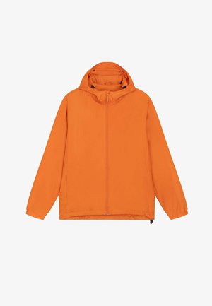 Veste légère orange à capuche avec fermeture éclair avant et poignets élastiques, conçue pour un usage décontracté ou en extérieur.