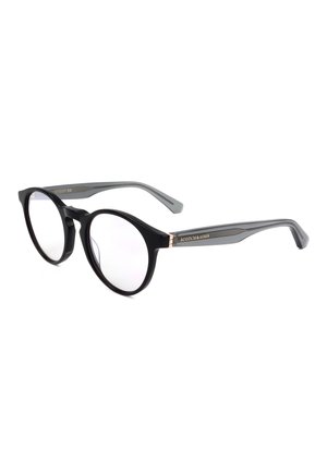 Montatura tonda nera con aste grigie e marchio Scotch & Soda sulle cerniere su sfondo bianco.