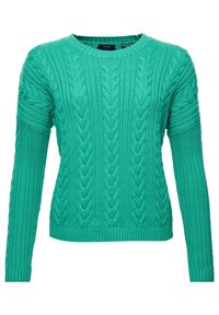 Grüner Strickpullover mit langen Ärmeln, rundem Halsausschnitt, strukturiertem Muster und gerippten Bündchen und Saum. Hergestellt aus einem weichen, dehnbaren Material.