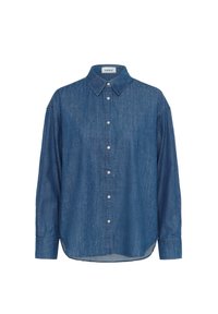 Cămașă din denim de culoare albastru mediu, cu mâneci lungi, deschidere cu butoane și guler clasic. Prezintă o croială ușor lejeră și un tiv curbat.