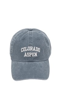 Šedá bavlnená baseballová čiapka s bielym vyšívaným textom "COLORADO ASPEN" na prednej strane. Má zakrivený šilt a nastaviteľný pásik na zadnej strane.