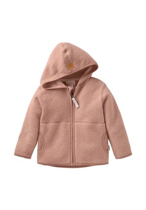 Rosa Fleece-Jacke mit Kapuze, Reißverschluss vorne, zwei Seitentaschen und strukturiertem Material. Kleines Logo-Patch auf der Kapuze.
