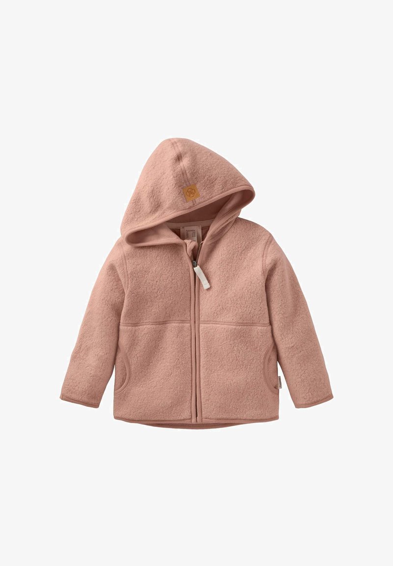 Roze fleece jack met capuchon, met een voorrits, twee zijzakken en een gestructureerd oppervlak. Klein logo-patch op de capuchon.
