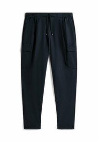 Pantaloni cargo neri, leggeri, con vita elastica, cordino regolabile e due tasche laterali per riporre oggetti. Tessuto liscio e vestibilità affusolata.