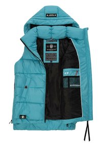 Világos türkiz színű puffervests, magas gallérral, fekete béléssel, cipzáras zsebekkel és belső hálós zsebbel, piros húzókarral.