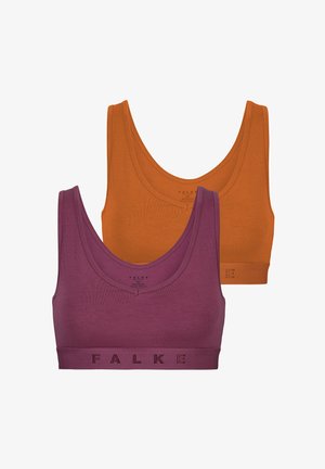 Twee naadloze sportbeha's, één paars met de tekst "FALKE" op de band, één effen oranje, beide met brede banden en ronde halslijnen.