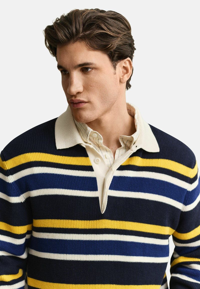 Homme aux cheveux foncés portant un polo en tricot rayé bleu marine, jaune, blanc et bleu avec un col crème, regardant sur le côté devant un fond uni.