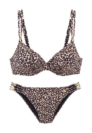 Leopard print bikini set with padded underwire top and matching bottoms featuring triple side straps with gold hardware accents.