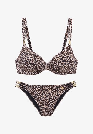 Leopard print bikini set with padded underwire top and matching bottoms featuring triple side straps with gold hardware accents.