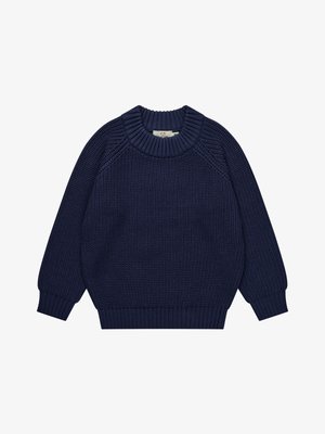 Suéter de malha azul marinho com gola redonda, punhos e bainha canelados, apresentando padrões texturizados e mangas raglan para um ajuste confortável.