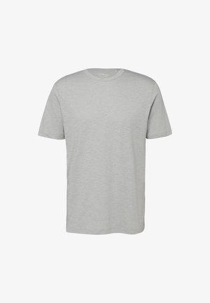 Hellgraues T-Shirt mit kurzen Ärmeln und Rundhalsausschnitt, glatter Textur und normaler Passform, vor weißem Hintergrund präsentiert.