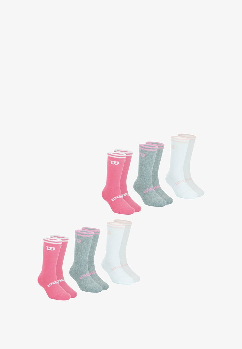 Ensemble de six chaussettes montantes : deux roses, deux grises et deux blanches. Chacune comporte des rayures contrastantes au niveau du bord et le logo Wilson.