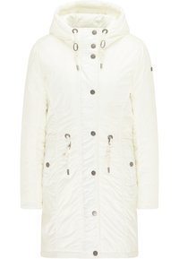 Veste blanche matelassée avec une capuche, boutons-pression à l'avant, taille à cordon de serrage et poches latérales. Texture brillante avec une finition lisse.