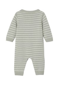 Strickoverall in Hellgrün mit weißen Streifen. Verfügt über lange Ärmel, einen runden Halsausschnitt und gerippte Bündchen. Weiche Textur, komplett mit Rückenansicht.