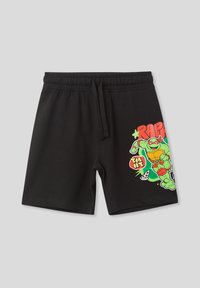 Pantaloni corti neri in cotone con vita elasticizzata e coulisse. Presentano un design grafico colorato di un personaggio dei cartoni animati sul lato.