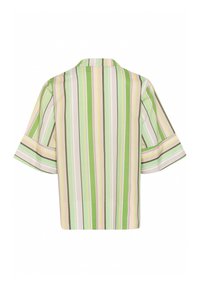 Ribaga särk, millel on rohelised, roosad ja valged toonid, karbikujuline lõige ja laiad varrukad. Sile kangas, millel on õrn sära.