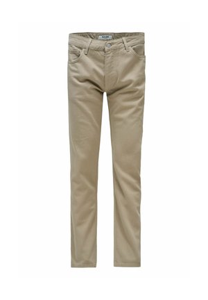 Pantalones beige de corte slim con botón y cremallera delanteros, bolsillos delanteros y traseros, y trabillas para el cinturón, colocados planos sobre un fondo blanco.