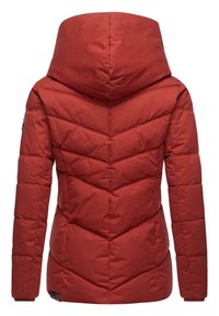 Red padded jacket featuring a hood, chevron pattern, and elastic cuffs. Smooth texture with a zippered pocket detail at the hem.