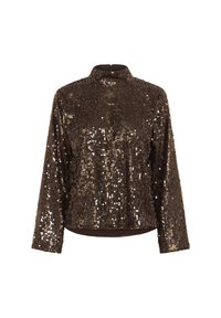Bruine pailletten top met lange mouwen en hoge kraag, met een rits aan de achterkant; het oppervlak is bedekt met reflecterende, glanzende pailletten.