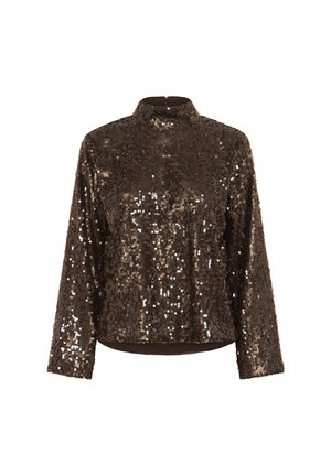 Haut marron à manches longues avec sequins, col montant et coupe légèrement ample, conçu pour des tenues festives ou de soirée.