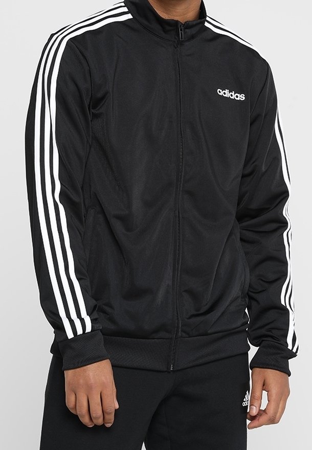 Black zip-up jacket made of smooth fabric, featuring white three-stripe accents on sleeves and a small white logo on the chest.