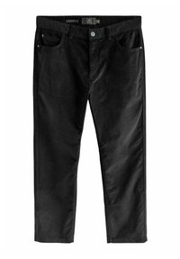 Sorte fløjlsbukser med lige ben design, der har fem lommer, metal knaplukning og en subtil tekstur i stoffet.