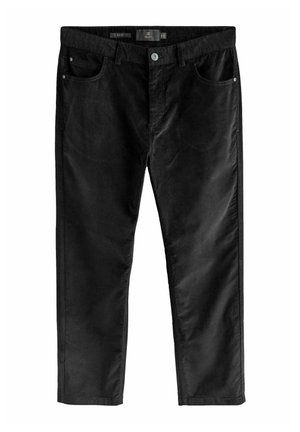 Schwarze Cordhose mit geradem Bein, ausgestattet mit fünf Taschen, metallischem Knopfverschluss und subtiler Textur im gesamten Stoff.