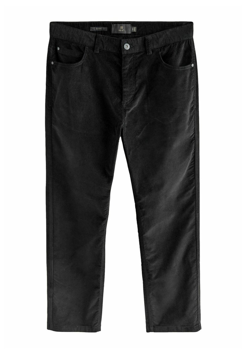 Sorte fløjlsbukser med lige ben design, der har fem lommer, metal knaplukning og en subtil tekstur i stoffet.