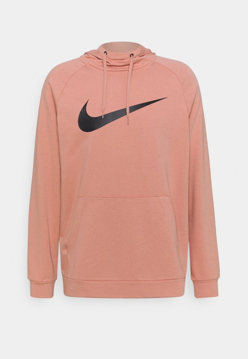 Sweat à capuche rose avec un logo Nike noir, doté d'une capuche à cordon, d'une poche frontale et de poignets et ourlet côtelés. Confectionné en tissu doux.