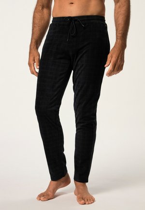 Zwarte geruite loungebroek van zacht materiaal, met een verstelbare tailleband en een slim fit ontwerp. Gladde textuur met subtiele patroon details.
