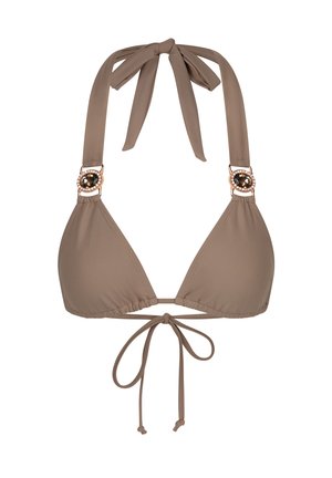 Haut de bikini triangle marron avec liens réglables et quincaillerie décorative comprenant un gemme central entouré d'un accent en ton doré.