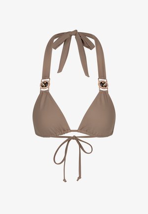 Brązowy biustonosz bikini w kształcie trójkąta z regulowanymi wiązaniami i dekoracyjnymi elementami, w tym centralnym kamieniem otoczonym złotym akcentem.
