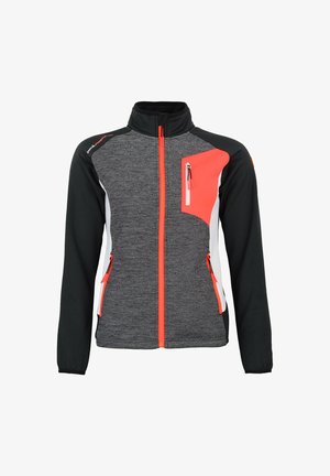 Veste zippée légère noire et grise avec des accents orange. Dotée d'un corps texturé, d'un col haut et de poches zippées à l'avant.