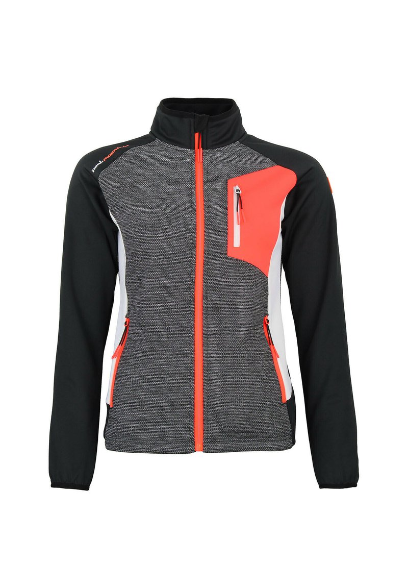 Veste zippée légère noire et grise avec des accents orange. Dotée d'un corps texturé, d'un col haut et de poches zippées à l'avant.