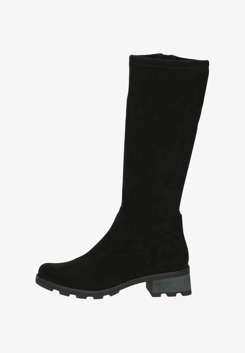 Bota alta de ante negra hasta la rodilla con punta redonda, tacón bajo en bloque y detalles de costura sutiles. Textura suave y diseño estilizado.