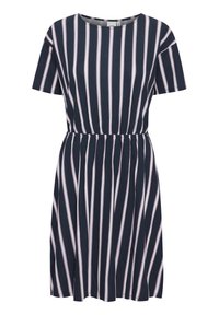 Navy blue dress with short sleeves, featuring vertical white and pink stripes, elastic waist, and a relaxed fit. Soft cotton material.