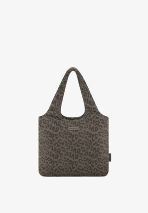 Herbruikbare grijze tas met donker luipaardprintpatroon en brede handgrepen, ontworpen voor het dragen van boodschappen of persoonlijke spullen.