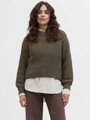 Pull en maille vert olive avec un col montant, un motif texturé et une coupe ample, superposé sur une chemise blanche à rayures. Pantalon marron.