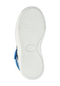 Blauwe en zwarte sneaker met een witte rubberen zool. De zool heeft textuurgleuven voor grip en een ronde indenting nabij het midden.