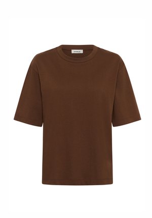 Brūna kokvilnas t-krekls ar apaļu kakla izgriezumu, īsām piedurknēm un ērtu piegriezumu. Gluda tekstūra bez redzamām rakstām vai akcentiem.